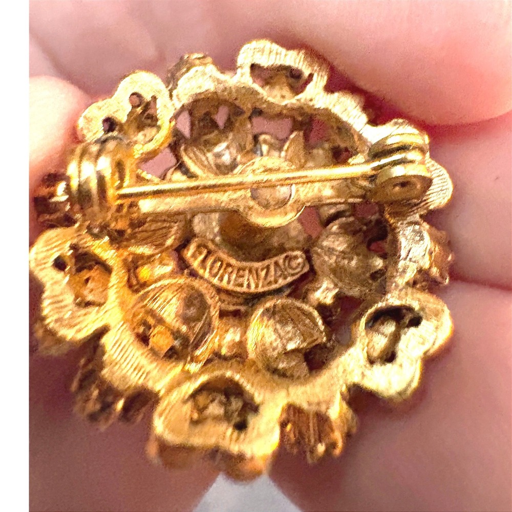 Vintage Florenza Gold Tone Blue Rhinestone Sunburst Floral Brooch Pin Round MCM - Picture 3 of 3
